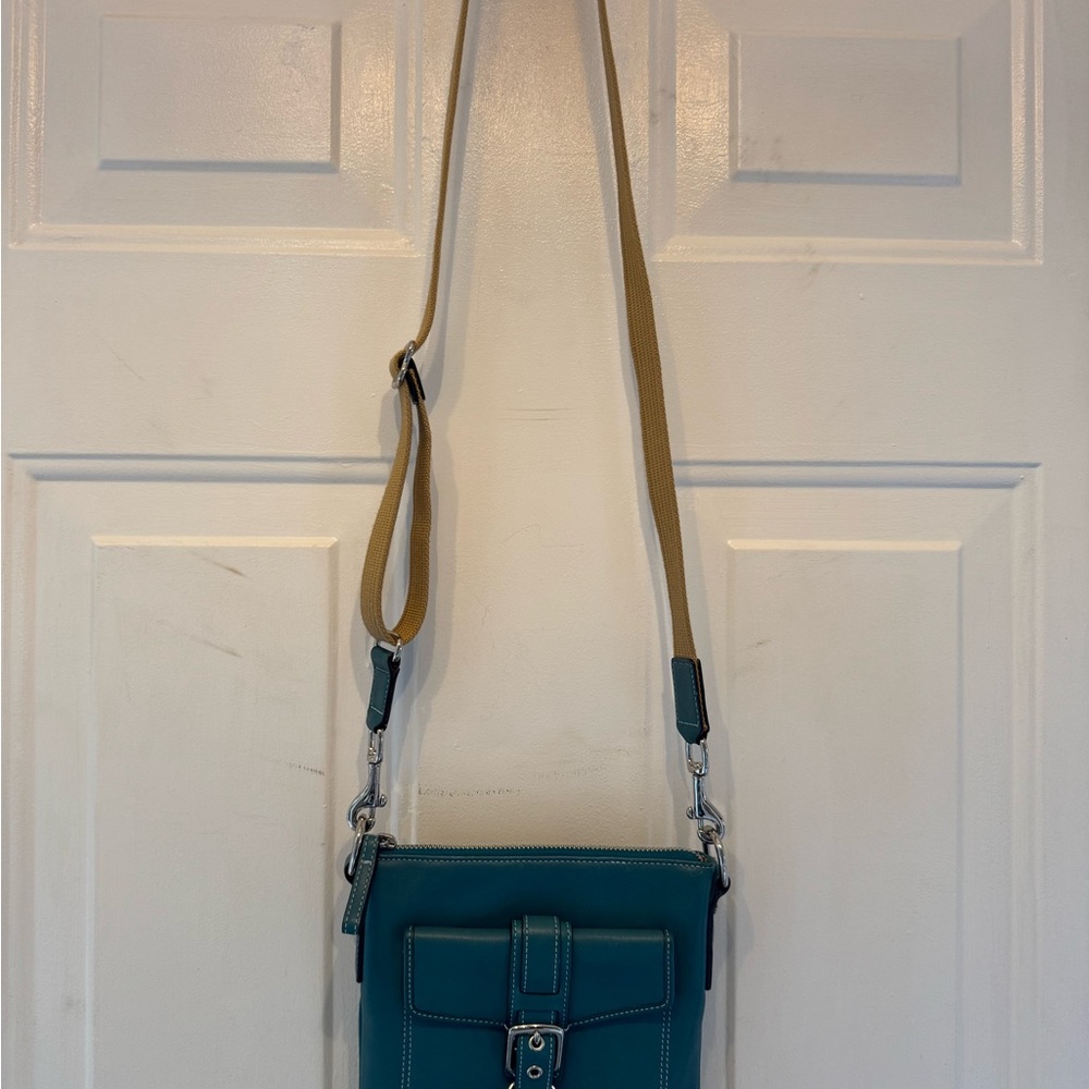 Coach Teal Crossbody Bag with Tan Web Adjustable Strap
